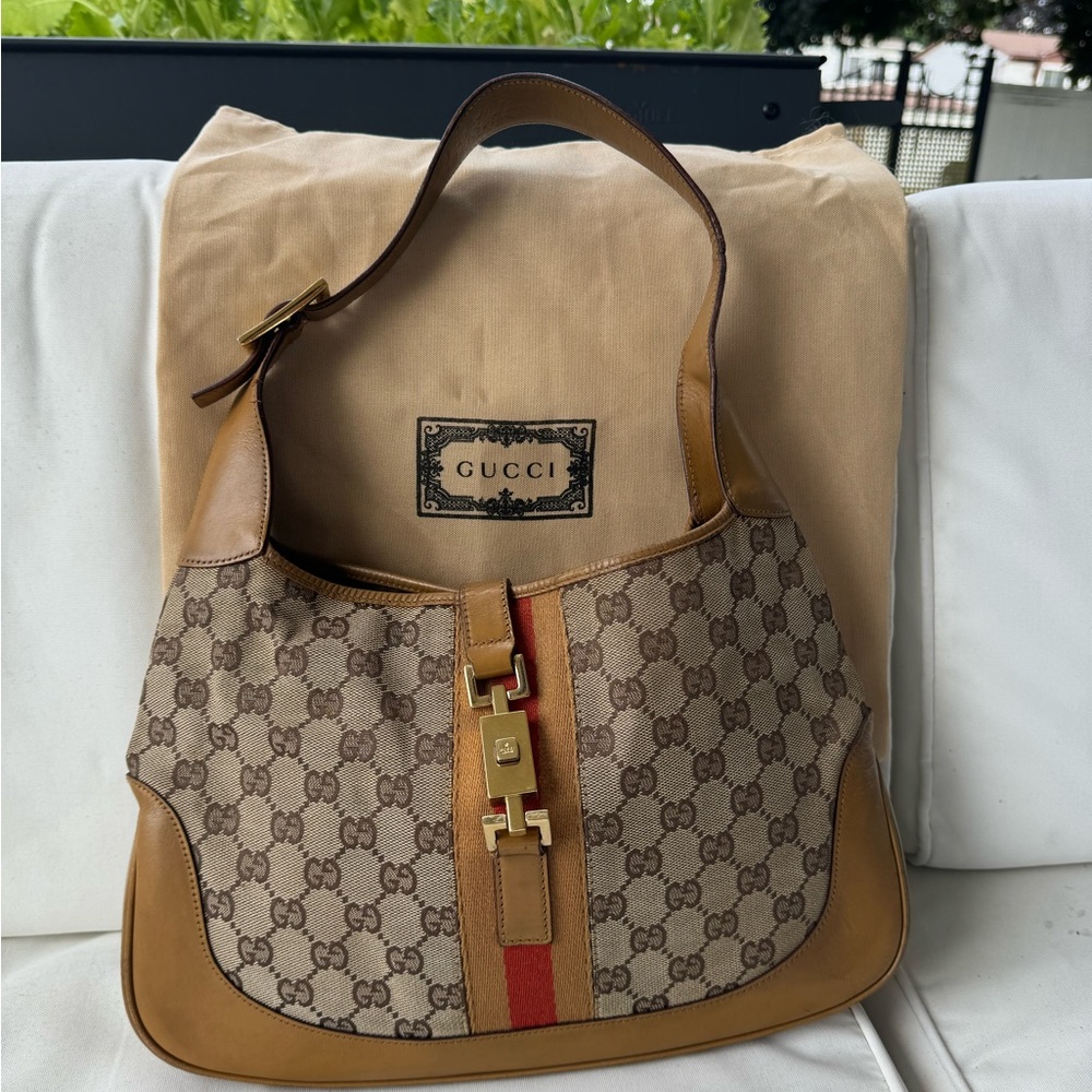 Gucci Beige and Brown Hobo Bag with Red Stripe